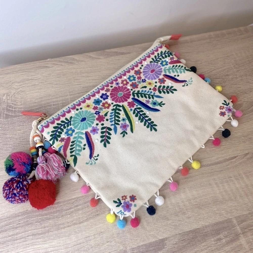 Steven By Steve Madden Jyme Colorful Embroidered Pom Pom Clutch Pouch Natural